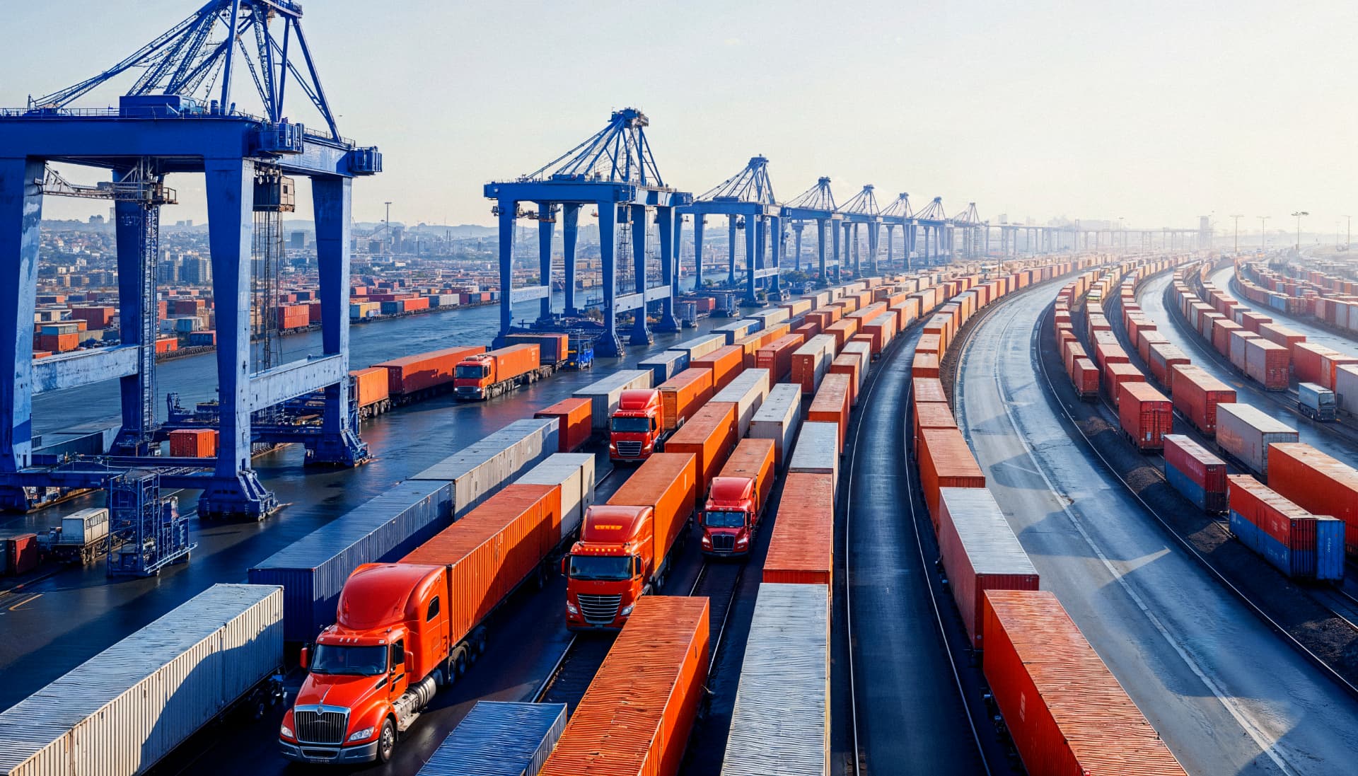 Busy cargo port with blue cranes, shipping containers and trucks
